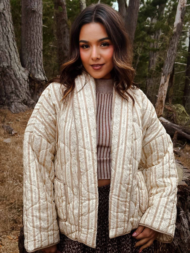 Sandstone Floral Print Quilted Jacket - Tan/Cream