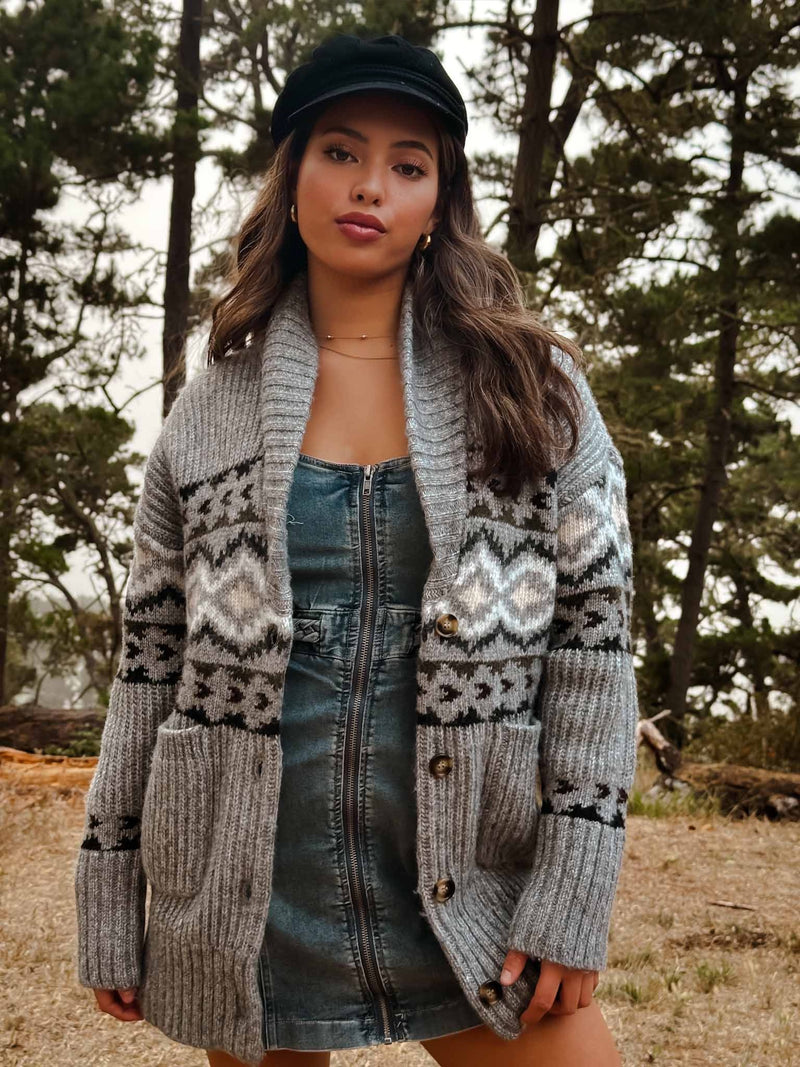 Alpine Lodge Long Sleeve Knit Cardigan - Gray/Multi