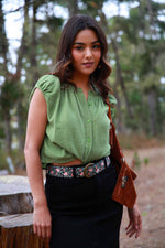 Fresh Fern Cotton Gauze Sleeveless Button Front Top- Martini Green