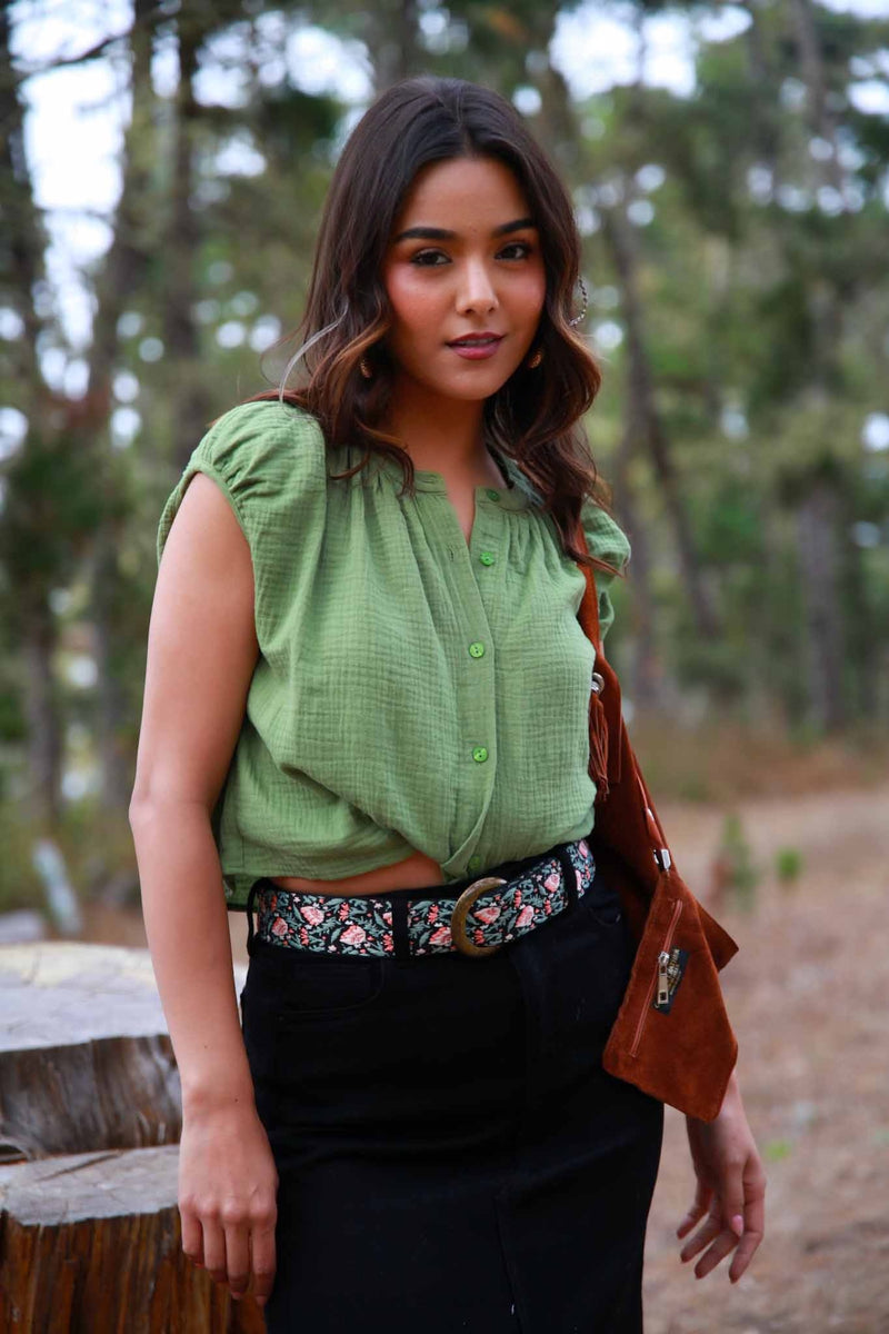 Fresh Fern Cotton Gauze Sleeveless Button Front Top- Martini Green