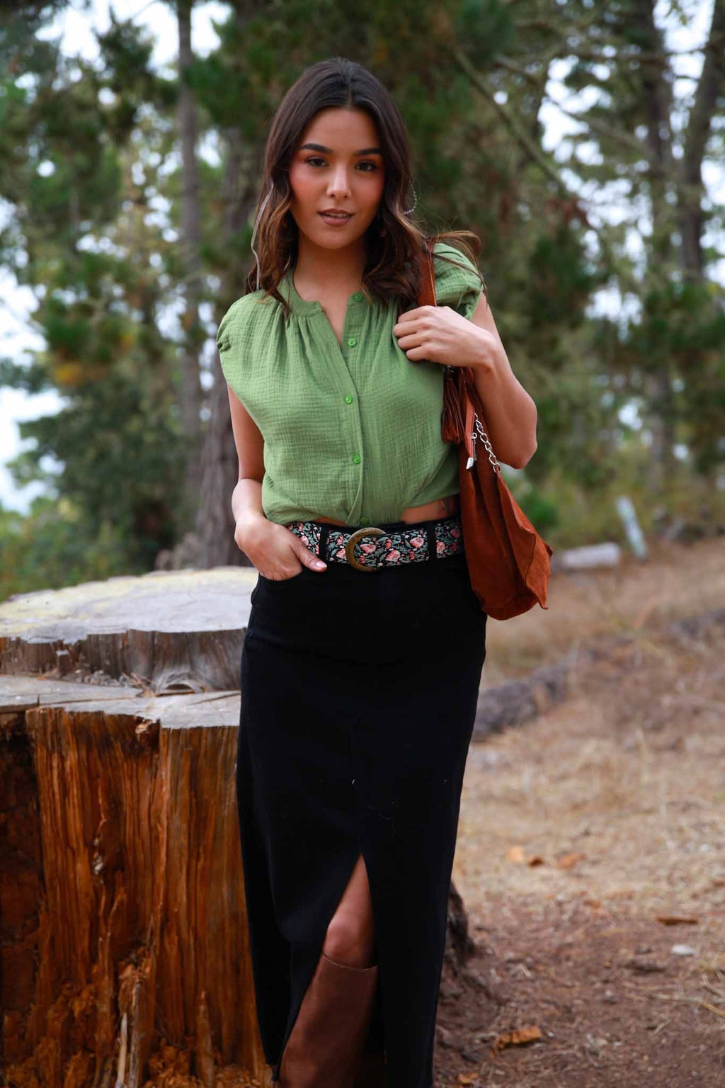 Fresh Fern Cotton Gauze Sleeveless Button Front Top- Martini Green