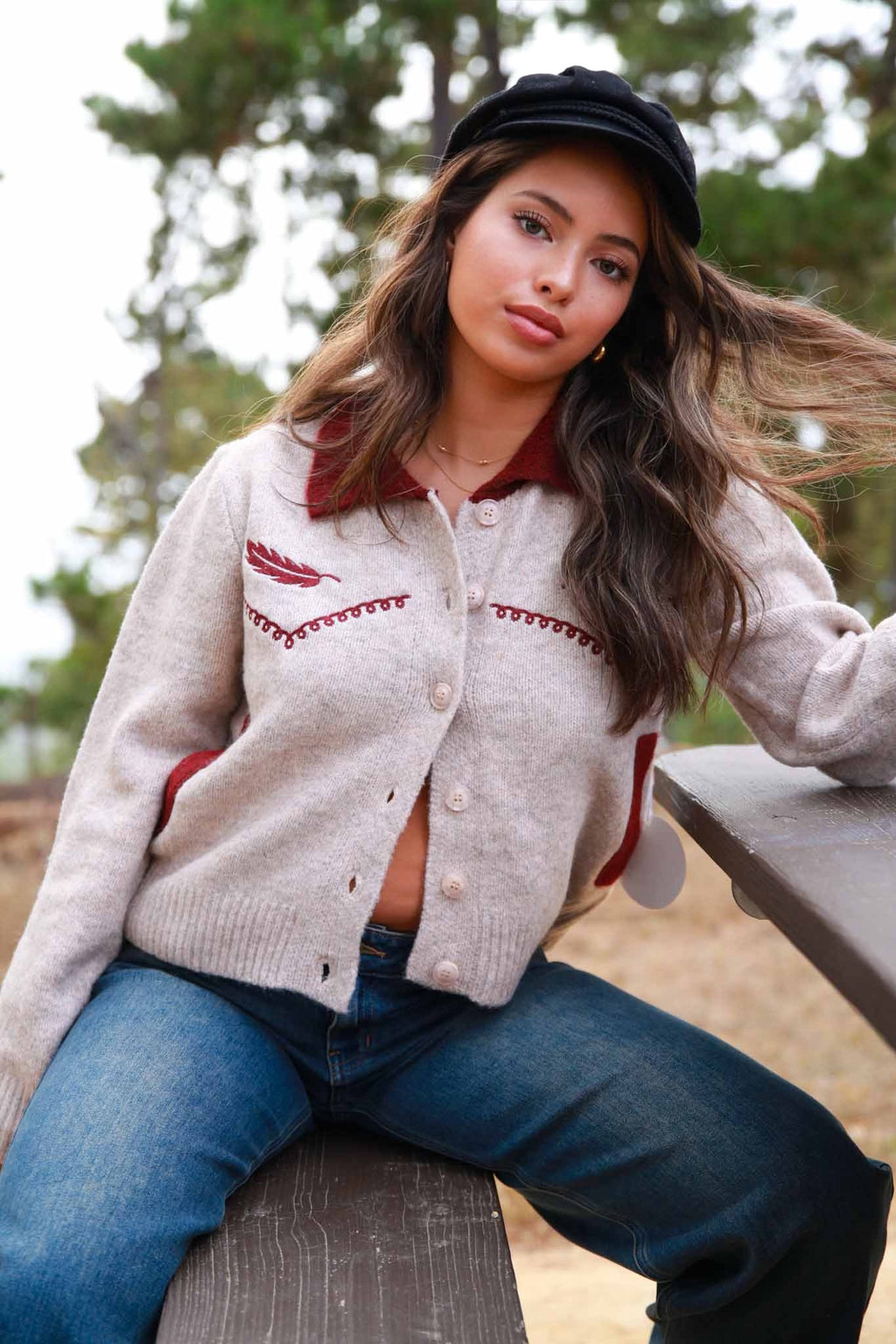 Feather Canyon Knit Embroidered Sweater - Heather Gray/Wine