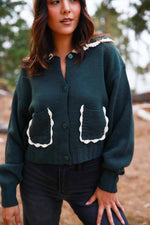 Chalet Days Crochet Trim Button Up Knit Sweater- Muted Forest