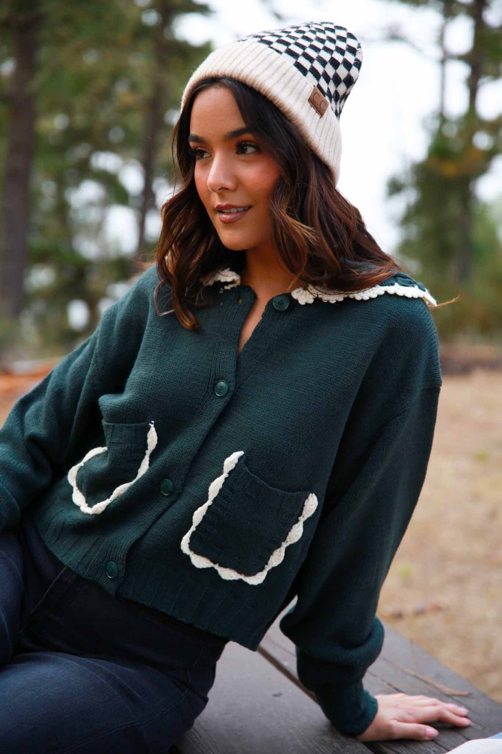 Chalet Days Crochet Trim Button Up Knit Sweater- Muted Forest