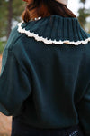 Chalet Days Crochet Trim Button Up Knit Sweater- Muted Forest