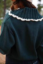 Chalet Days Crochet Trim Button Up Knit Sweater- Muted Forest