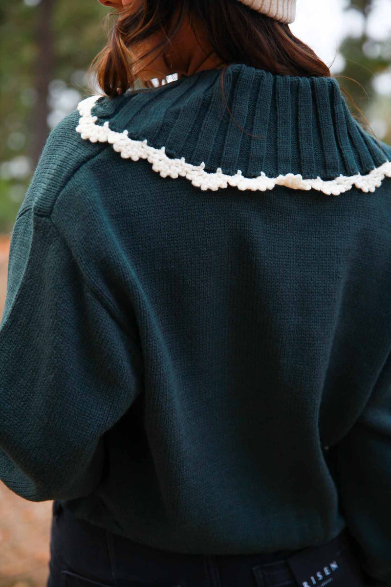 Chalet Days Crochet Trim Button Up Knit Sweater- Muted Forest