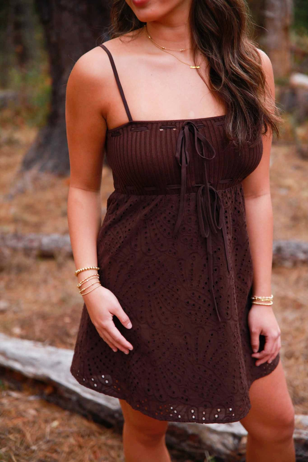 Espresso Daydream Eyelet Dress Knit Contrast- Chocolate