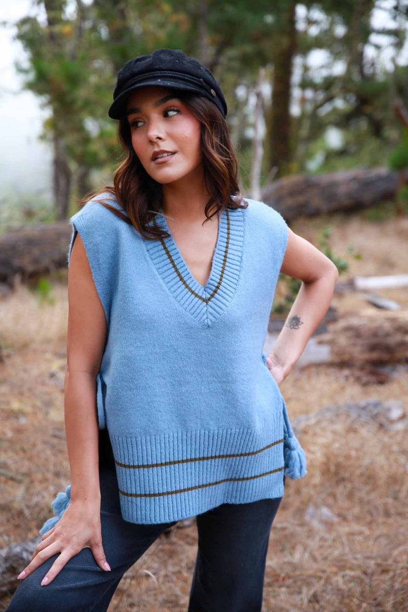 Blue Skies Oversized Sweater Vest W/ Pom Tie- Powder Blue