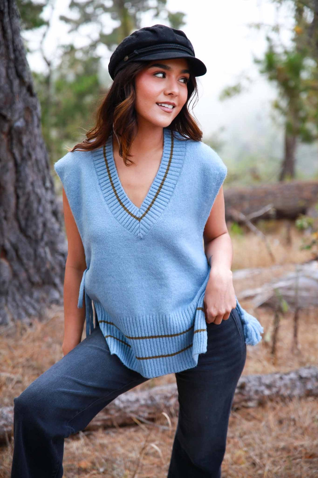 Blue Skies Oversized Sweater Vest W/ Pom Tie- Powder Blue