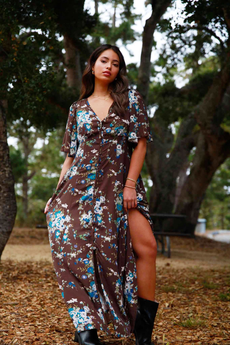 Mocha Bloom Short Sleeve Floral Maxi Dress - Chocolate/Multi