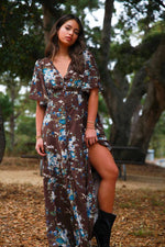 Mocha Bloom Short Sleeve Floral Maxi Dress - Chocolate/Multi