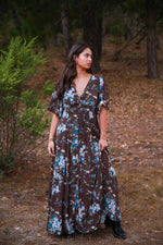 Mocha Bloom Short Sleeve Floral Maxi Dress - Chocolate/Multi