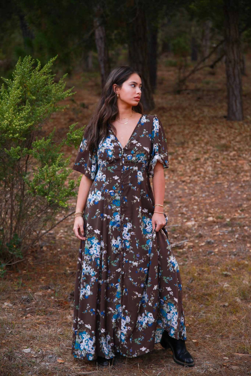 Mocha Bloom Short Sleeve Floral Maxi Dress - Chocolate/Multi