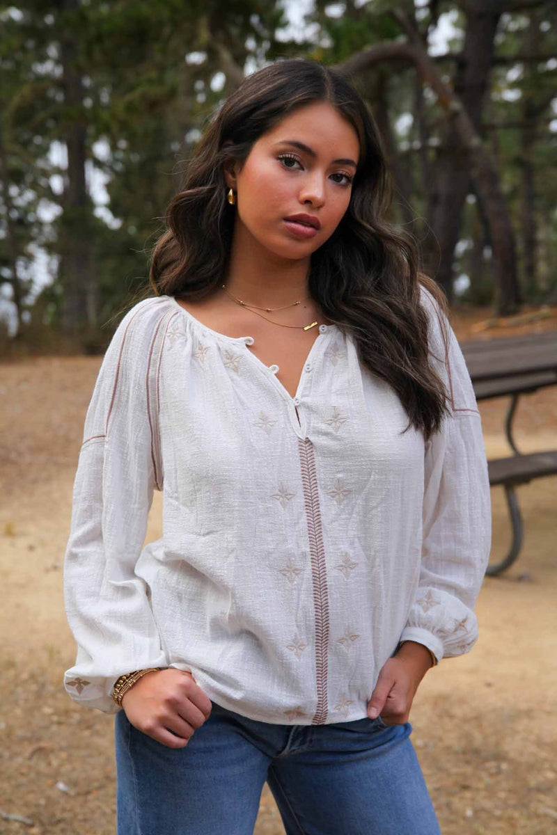Seaside Haven Embroidered Long Sleeve Blouse- White/Taupe