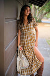 Wild Winds Balloon Sleeve Plaid Button Up Dress - Taupe/Ivory