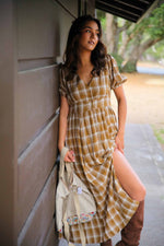 Wild Winds Balloon Sleeve Plaid Button Up Dress - Taupe/Ivory