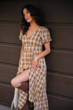 Wild Winds Balloon Sleeve Plaid Button Up Dress - Taupe/Ivory