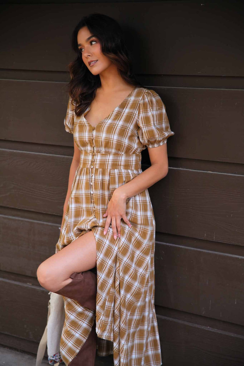 Wild Winds Balloon Sleeve Plaid Button Up Dress - Taupe/Ivory