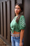 Verde Vista Embroidered Short Sleeve Button Front Top- Green