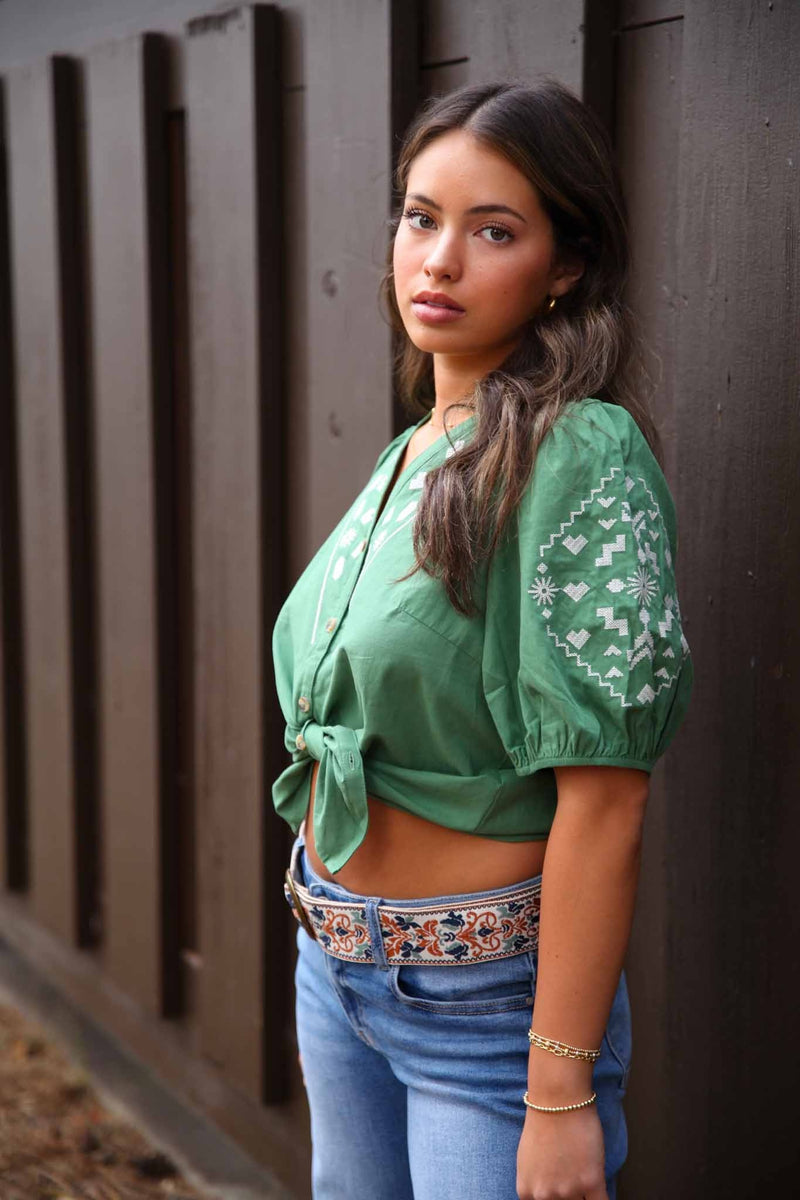 Verde Vista Embroidered Short Sleeve Button Front Top- Green
