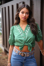 Verde Vista Embroidered Short Sleeve Button Front Top- Green