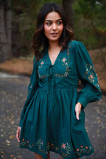 Juniper Rose Long Sleeve Embroidered Midi Dress - Hunter/Multi