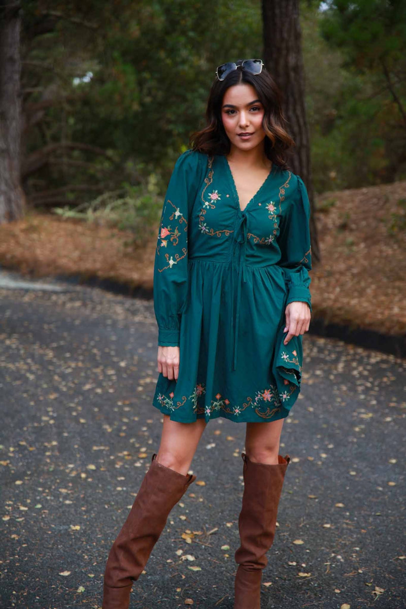 Juniper Rose Long Sleeve Embroidered Midi Dress - Hunter/Multi