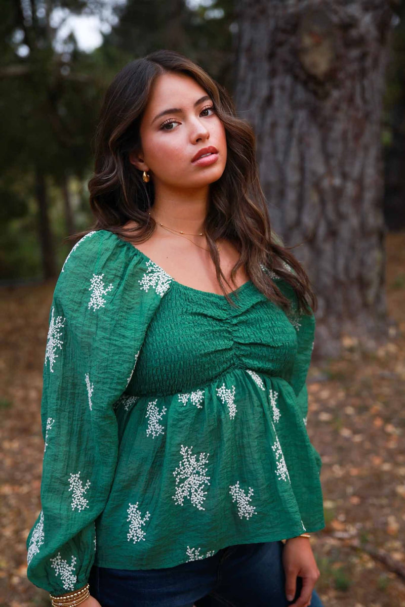 Secret Garden Peasant Blouse W/ Embroidery- Green