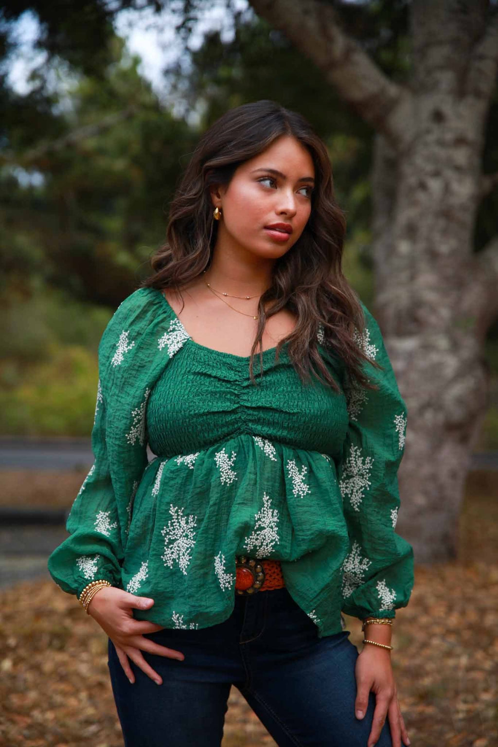 Secret Garden Peasant Blouse W/ Embroidery- Green