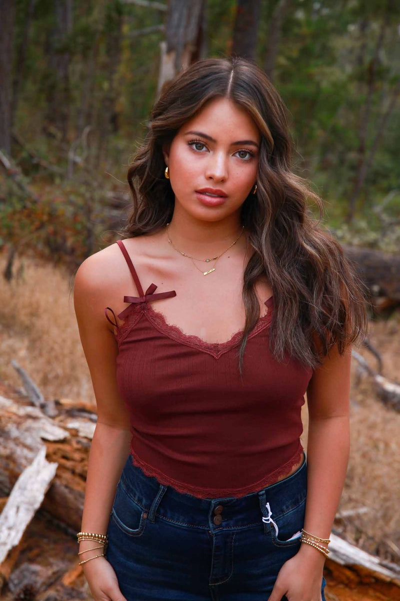 Merlot Cropped Tank Top W/ Bows- Wine