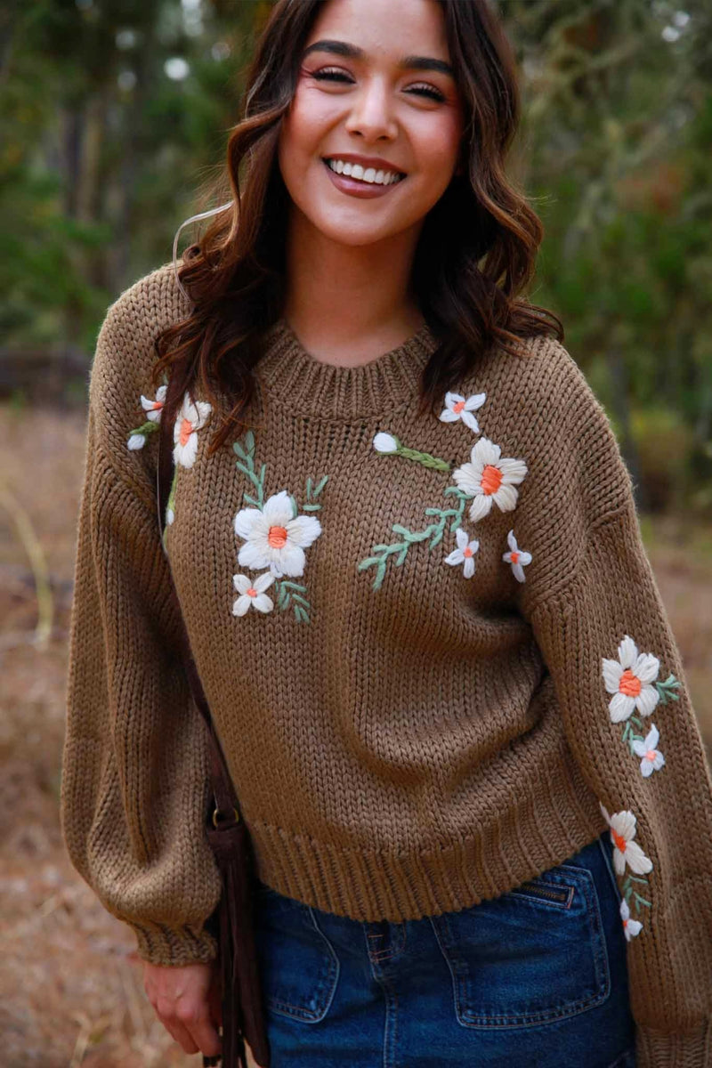 Daisy Trails Mock Neck Sweater With Floral Knit Details- Taupe