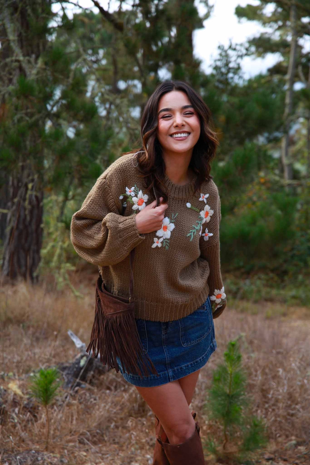 Daisy Trails Mock Neck Sweater With Floral Knit Details- Taupe