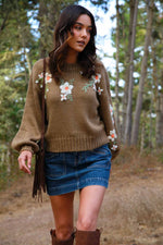 Daisy Trails Mock Neck Sweater With Floral Knit Details- Taupe