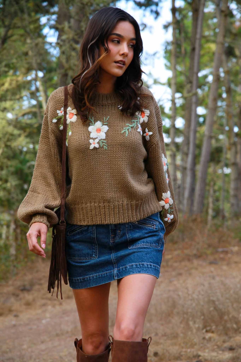 Daisy Trails Mock Neck Sweater With Floral Knit Details- Taupe