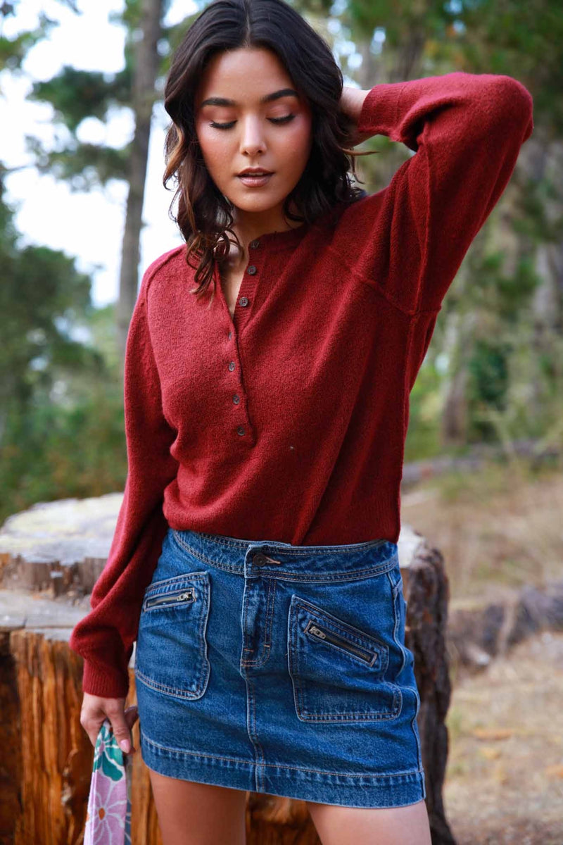 Cloudsong Cozy Knit Button Front Sweater- Wine