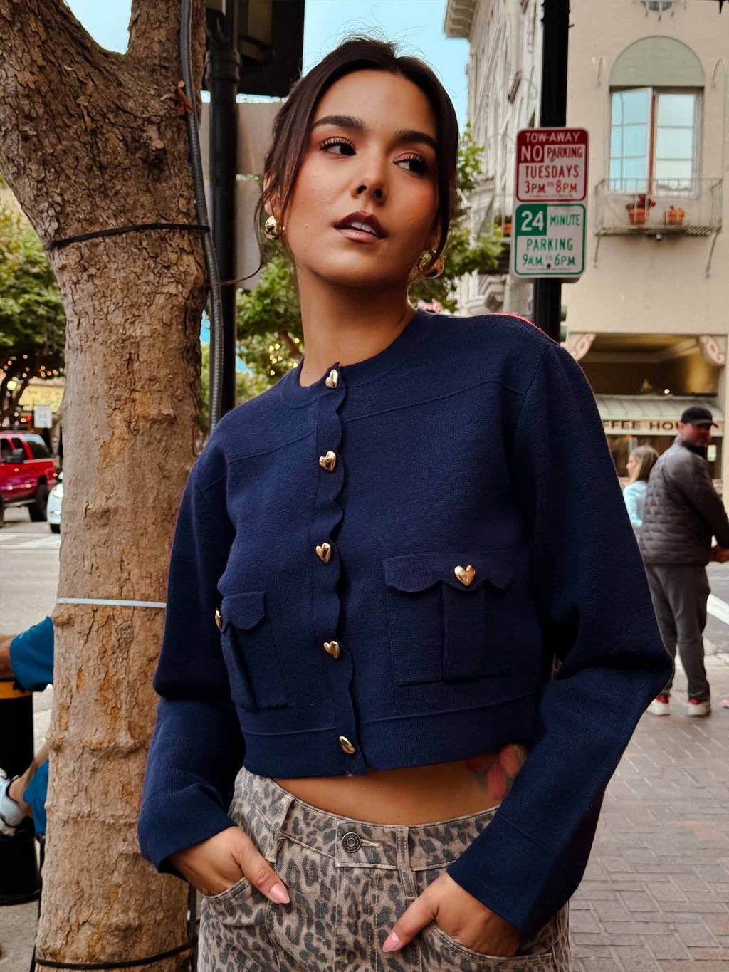 Sweetheart Gold Heart Button Detail Knit Cardigan- Navy