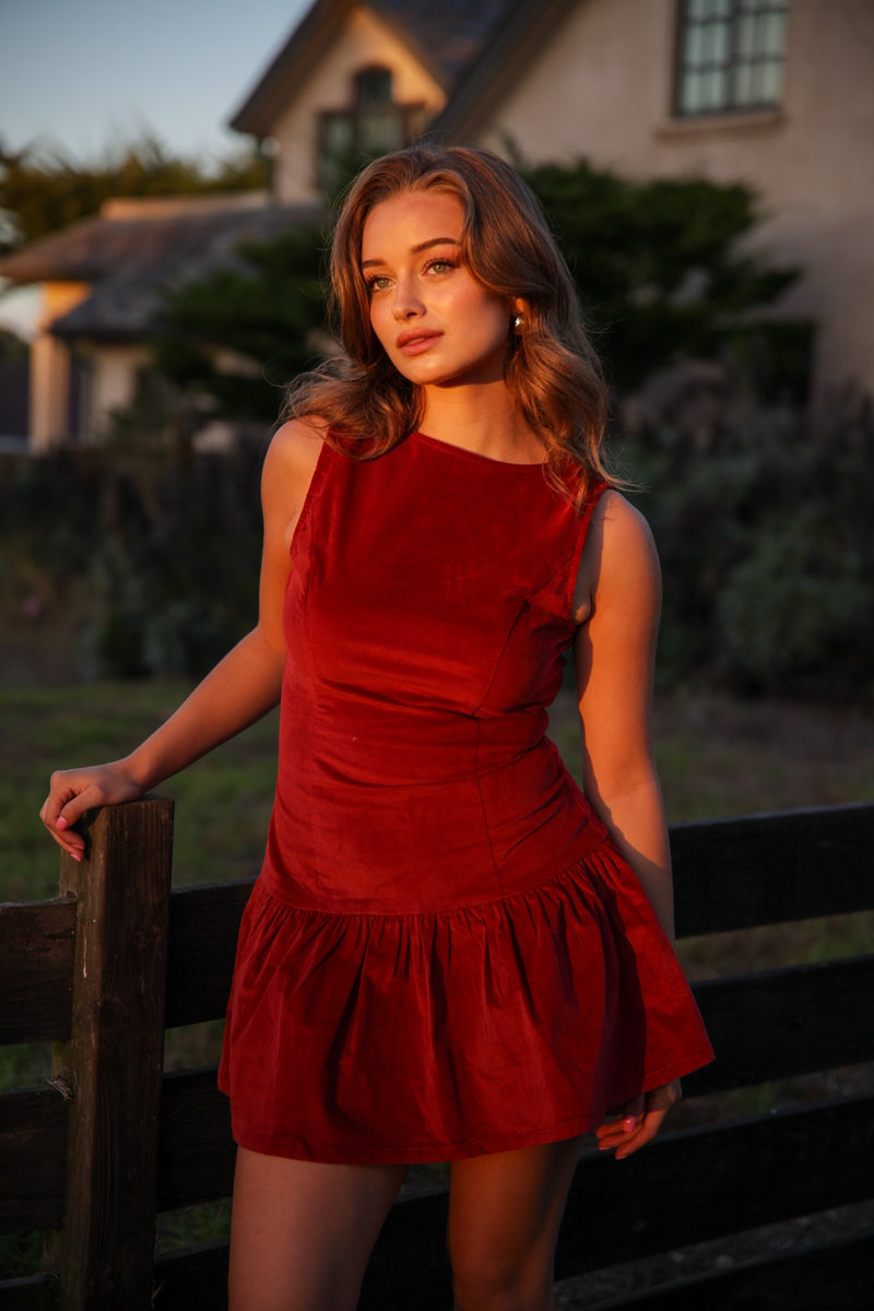 Fall Desire Boat Neck Corduroy Mini Dress-Chili