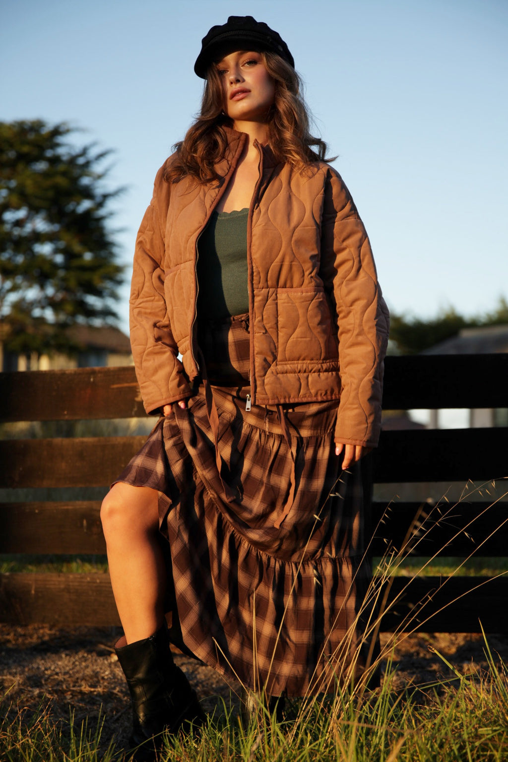 Essence of Fall Plaid Maxi Skirt- Black/Tan