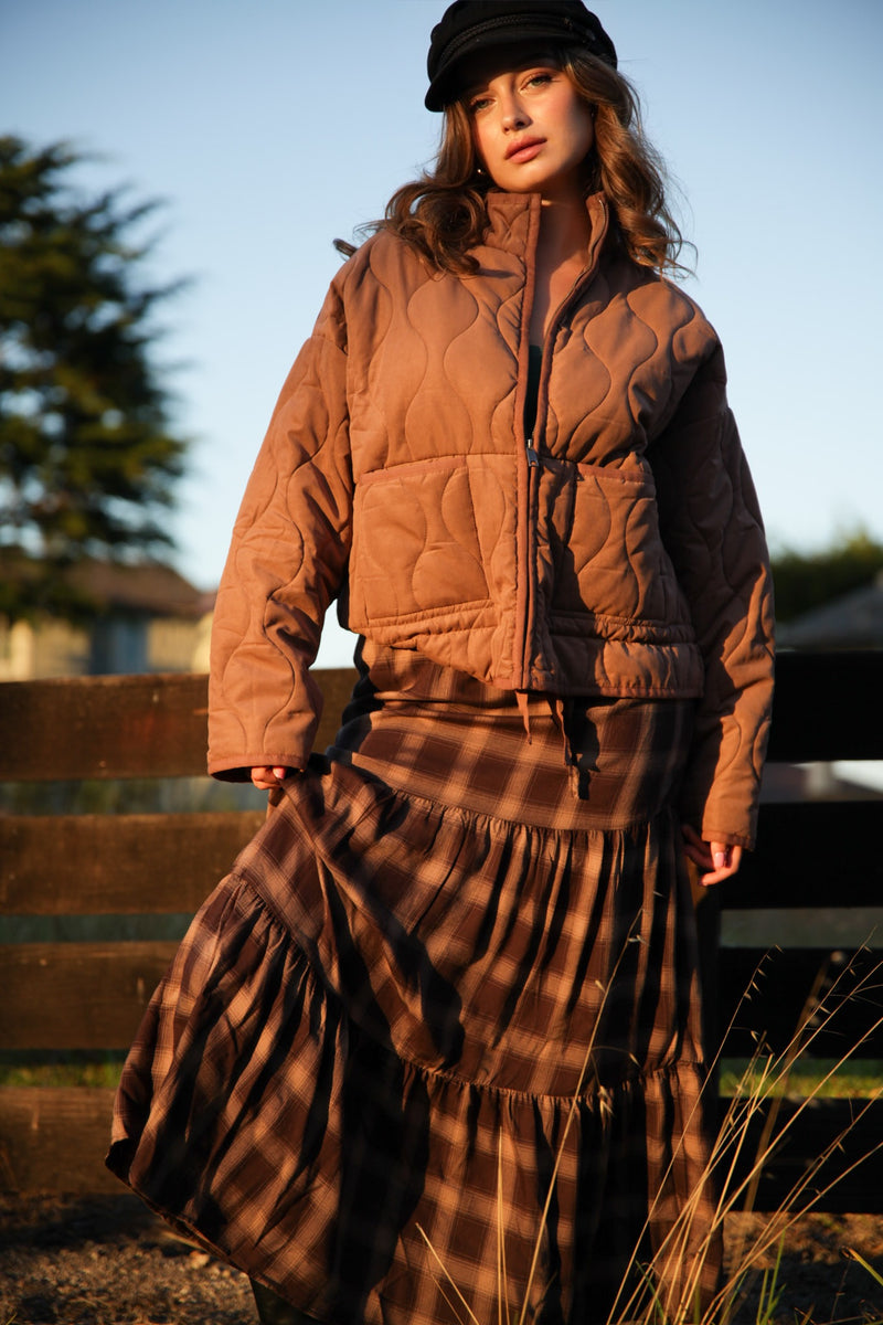 Keep It Cozy Quilted Zip Up Jacket- Chestnut
