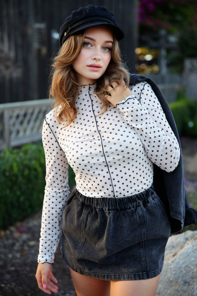 Fashionista Polka Dot Sheer Long Sleeve Top - White/Black