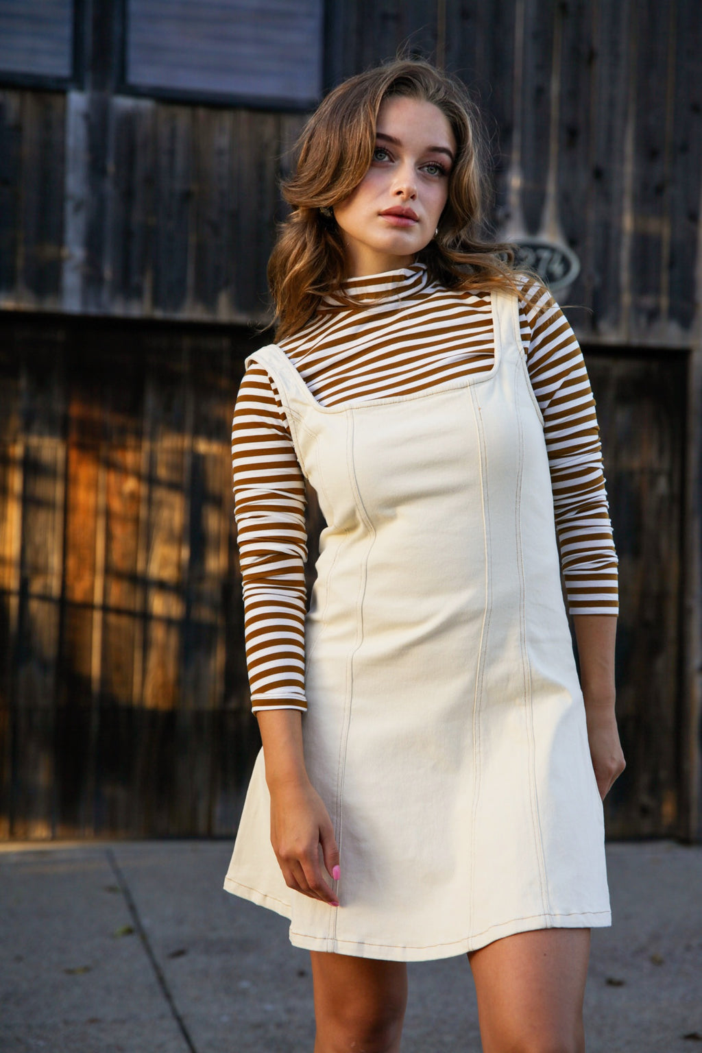 Lovely Lady Square Neck Mini Denim Dress- Ecru