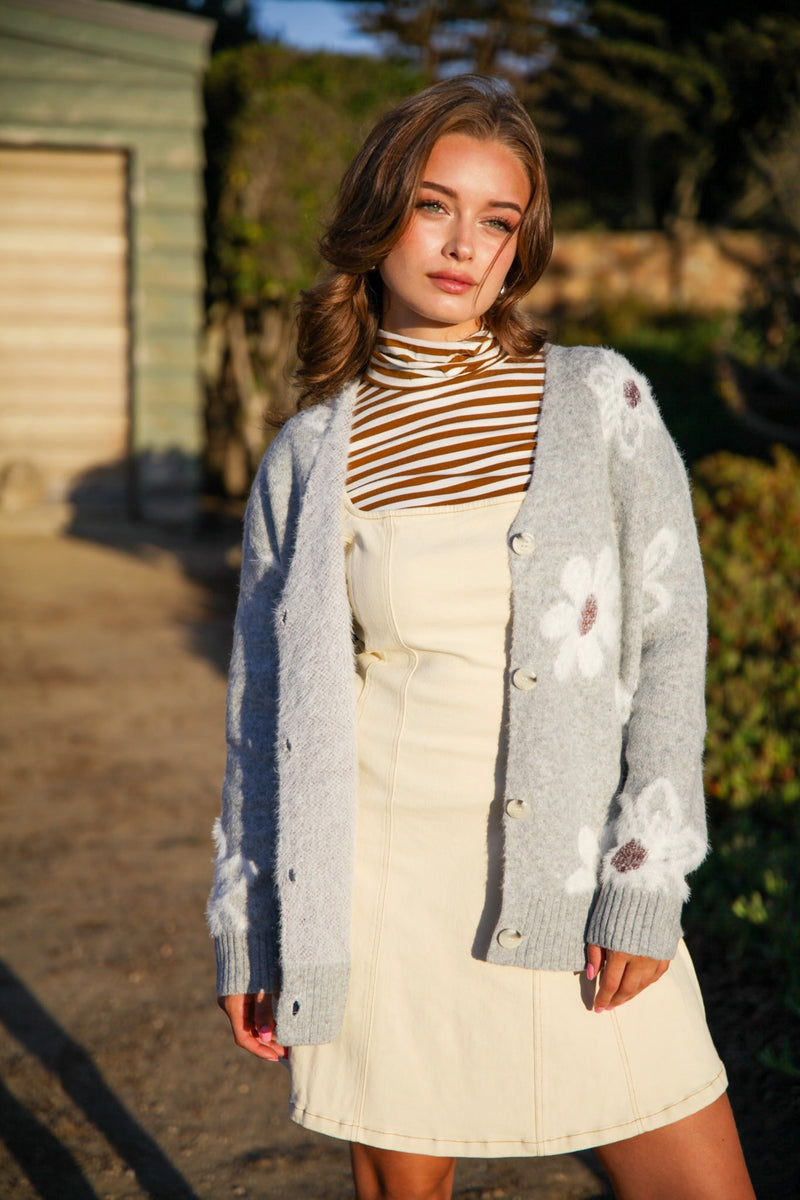 In Bloom Floral Print Eyelash Cardigan- Heather Grey