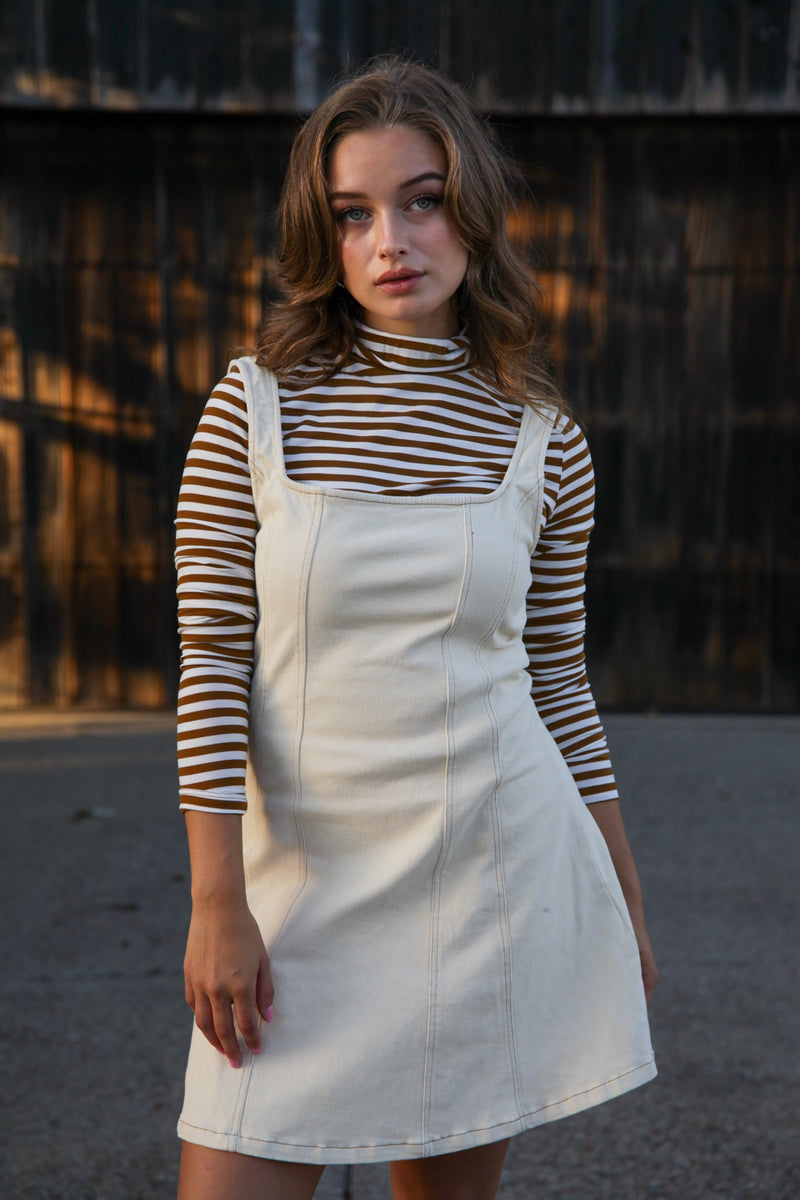 Lovely Lady Square Neck Mini Denim Dress- Ecru