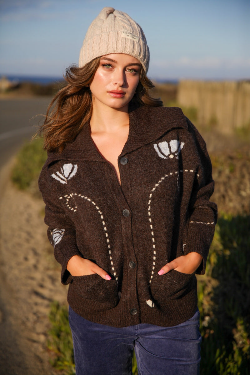 Chestnut Lane Button Front Flap Collar Novelty Cardigan- Chocolate/Blue