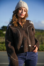 Chestnut Lane Button Front Flap Collar Novelty Cardigan- Chocolate/Blue