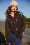 Chestnut Lane Button Front Flap Collar Novelty Cardigan- Chocolate/Blue
