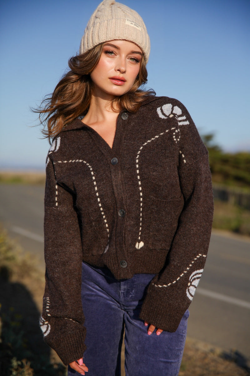 Chestnut Lane Button Front Flap Collar Novelty Cardigan- Chocolate/Blue