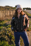 Chestnut Lane Button Front Flap Collar Novelty Cardigan- Chocolate/Blue