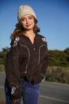 Chestnut Lane Button Front Flap Collar Novelty Cardigan- Chocolate/Blue